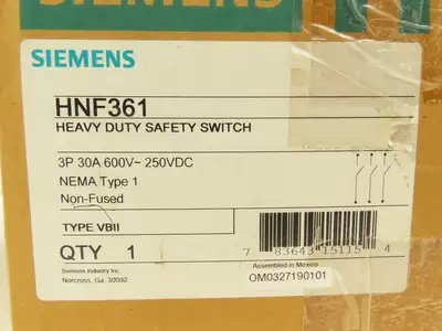 Siemens HNF361 Heavy Duty Safety Disconnect Switch 3P 30A 600VAC 250VDC