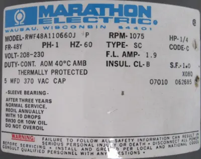 NEW MARATHON X080 FAN MOTOR 1/4HP 208-230V 1/2" x 6" RWF48A110660J