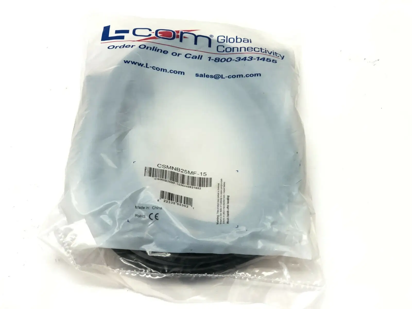 New | in-Stock L-COM DELUXE MOLDED BLACK D-SUB CABLE DB25 MALE/FEMALE 15FT Cable & Wire | Maverick Industrial Sales #1106227
