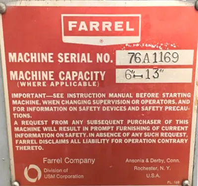 Farrel 6”x13” Mill, Item # 1972