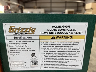Used 2020 GRIZZLY G9956 Air Filtration Units Florida US | MachineryMax #1345099