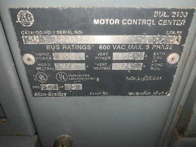 Allen Bradley 2100 Centerline Size 1 MCC Cabinet 600A, 600V, 3ph