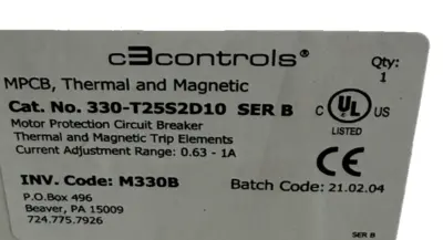NEW C3CONTROLS 330-T25S2D10 CIRCUIT BREAKER SER. B 330T25S2D10