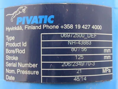 NEW PIVATIC NH-43883 CYLINDER 06972500-DEF BORE/ROD 80/56MM STROKE 125MM NH43883