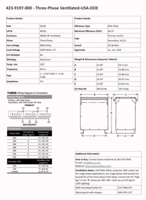 Factory New 30 KVA Dry Type Transformer 480 Delta 240 Delta CT120 10 Year Warranty 423-9197-000