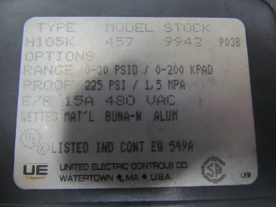 United Electronic Controls H105K-457 Differential Pressure switch 15A 480VAC