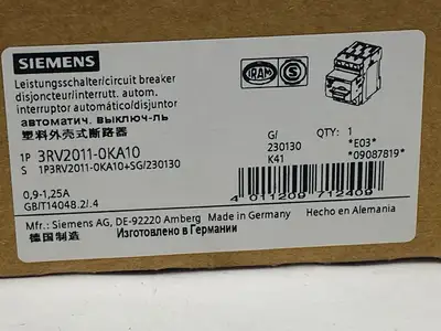 3RV2011-0KA10 | Siemens  Circuit Breaker Class 10 0.9-1.25A 3-Pole - New Other