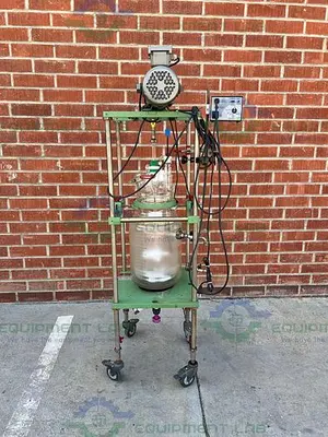 USED CHEMGLASS 20 LITER JACKETED GLASS REACTOR W/ CHEMGLASS OVERHEAD STIRRER