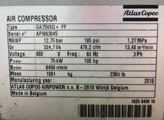 Atlas Model GA75VSD+FF Rotary Screw Air Compressor