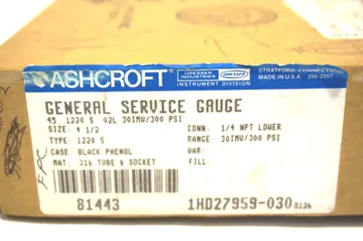 NEW ASHCROFT 45-1220-S-02L-30IMU/300 GAUGE 451220S02L30IMU300