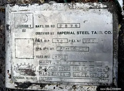 Used Imperial Steel 550 Gallon Reactor – 304 Stainless Steel, 68 PSI