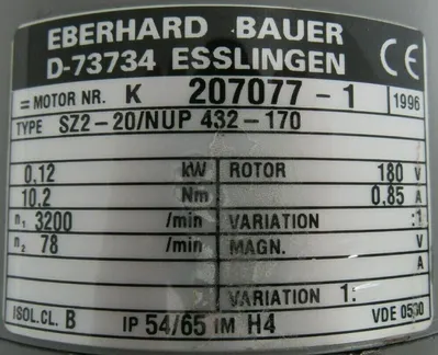 USED EBERHARD BAUER SZ2-20/NUP 432-170 GEAR MOTOR SZ220NUP 432170 K207077-1