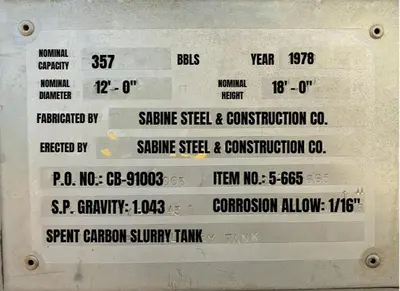 Sabine Steel 14,750 Gallon Stainless Steel Spent Carbon Slurry Tank (1978)