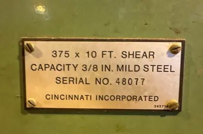 10' X 3/8" CINCINNATI MODEL #375X10 HYDRAULIC SHEAR: STOCK #22818