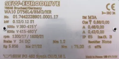 NEW SEW EURODRIVE WA10 DT56L4/BMG/HR GEAR MOTOR WA10DT56L4BMGHR