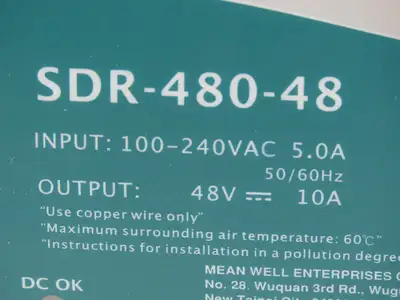 Mean Well SDR-480-48 PLC DIN Rail Power Supply 48VDC 10A 100-240V