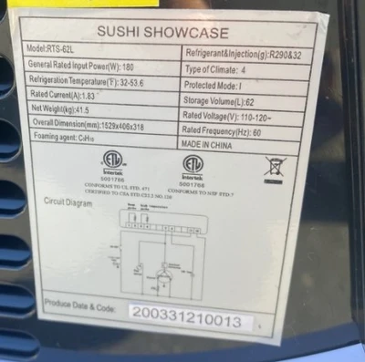 171-0140 60” Self Contained Full Service Countertop Sushi Display Cooler