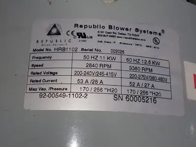 USED REPUBLIC BLOWER SYSTEMS HRB1102