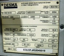 170 Ton/220cc Desma Injection Press, Item # 1288