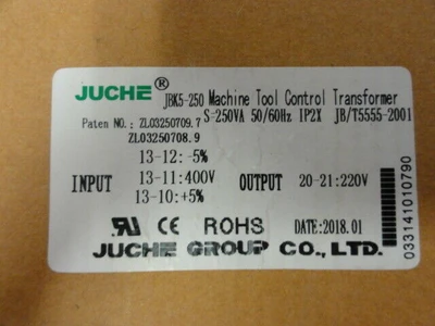 NEW Juche JBK5-250 Machine Tool Control Transformer - S=250VA 50/60Hz IP2X