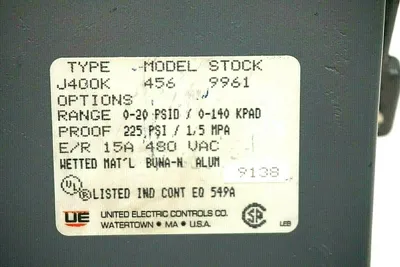 USED UNITED ELECTRIC J400K-456 PRESSURE SWITCH J400K456