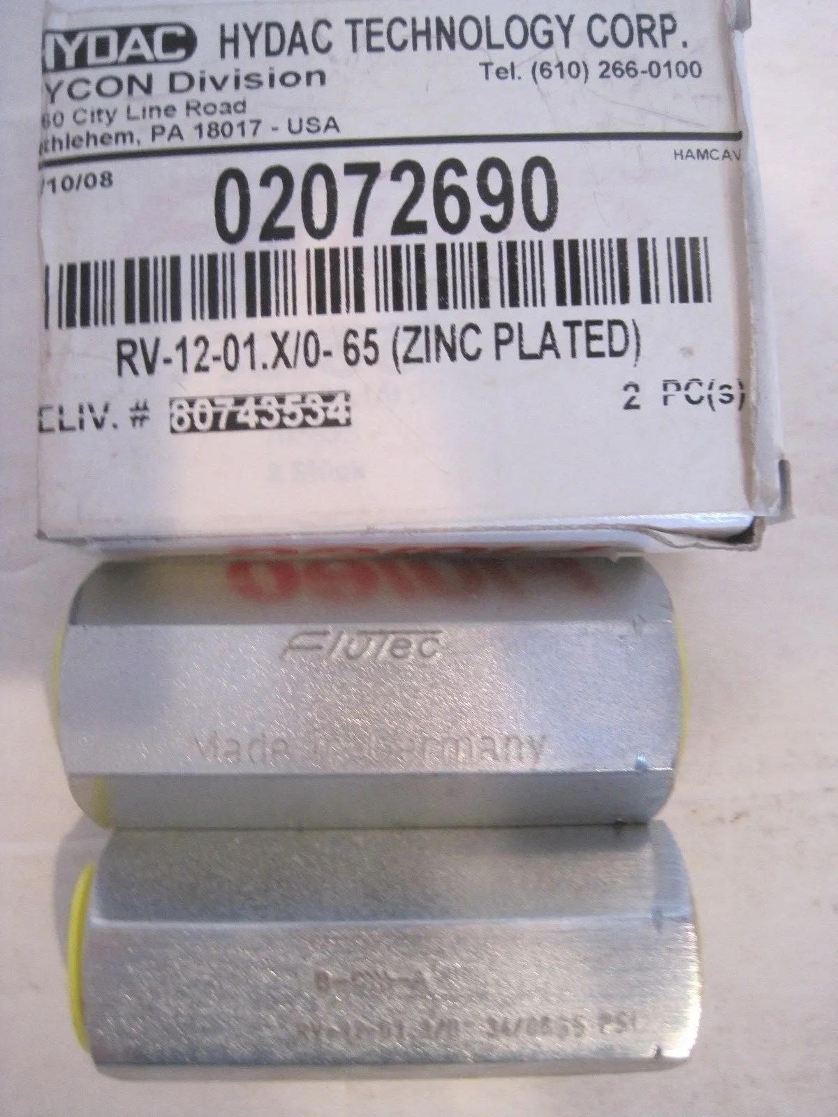2 NEW HYDAC RV-12-01.X/0- 65 VALVE 02072690 RV1201X065