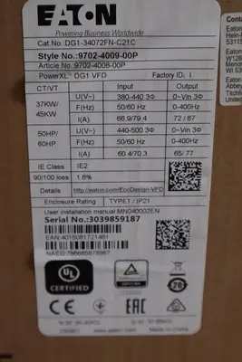 EATON POWERXL DG1 AC Drive 50/60HP DG1-34072FN-C21C 9702-4009-00P STOCK 4914A