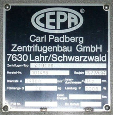 Cepa Z101GD vaper-tight sanitary tubular bowl centrifuge, 316SS.