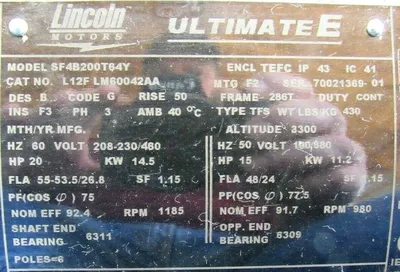 NEW LINCOLN SF4B200T64Y MOTOR 20HP 208-230/460V 1185RPM L12F-LM60042AA 1-7/8"