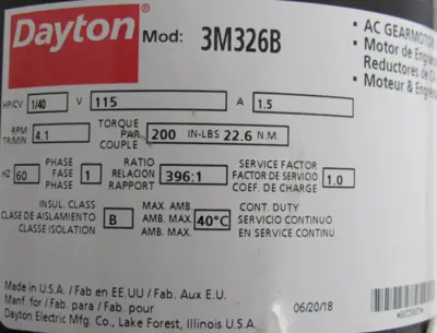 NEW DAYTON 3M326B GEAR MOTOR 396:1 115V