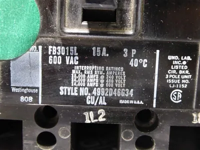 Westinghouse FB3015L Circuit Breaker 15 Amps 600VAC Used