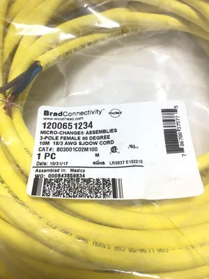 Woodhead Brad Connectivity 1200651234 Cord Micro-Change 3 Pole Female 90° Degree 10M