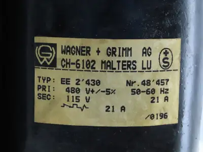 Wagner + Grimm Type EE 2' 430 Transformer 480V Primary 115V Secondary