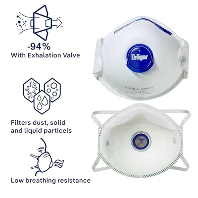 Dräger X-plore 1350 V N95 Particulate Respirator with Exhalation Valve, 10 Pack, Size M/L, NIOSH-Certified, Disposable Dust Mask, Adjustable Head Harness, Low Breathing Resistance