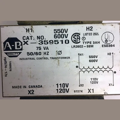 Allen Bradley 75 VA Single Phase 600/120 Volt Control Transformer