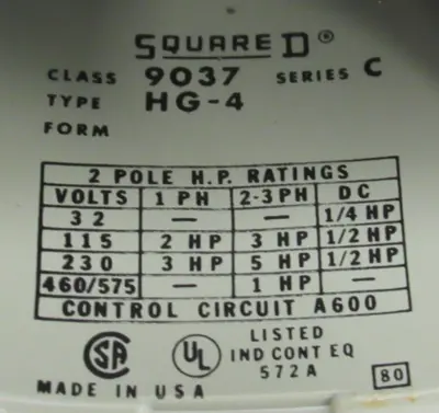 NEW SQUARE D 9037-HG-4 CLOSED TANK FLOAT SWITCH 9037HG4