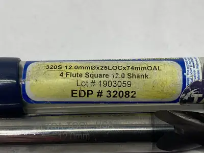 USED ULTRA TOOL 12MM 4 FLUTE SQUARE END 30° HELIX CARBIDE END MILL, 25MM LOC