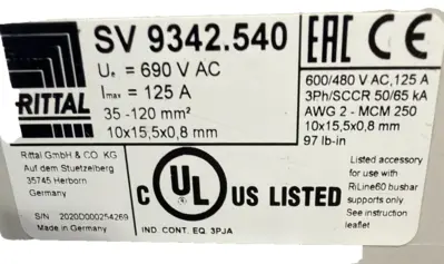 NEW RITTAL SV 9342.540 RILINE60 BUSBAR COMPONENT ADAPTER 125A 600V/690V 3-POLE