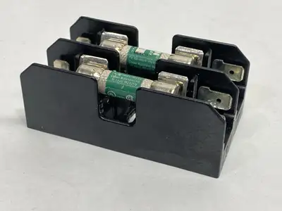 USED BUSSMANN 2-POLE MIDGET FUSE BLOCK 30A 600V W/ TRON FNQ-3 FUSES