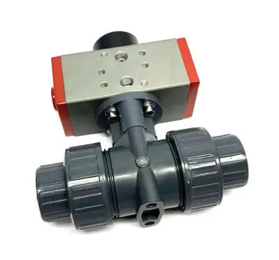 USED PNUTEC PNEUMATIC ACTUATOR W/ 2-WAY TRUE UNION PVC BALL VALVE