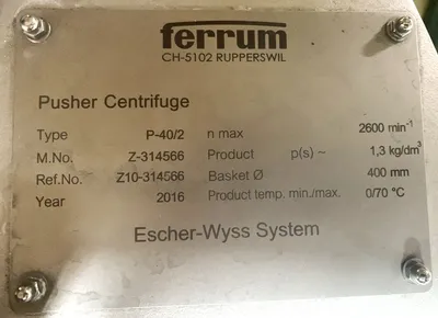 Ferrum P-40/2 pusher centrifuge, 316SS.