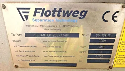 Flottweg Z5E-4/404 sanitary decanter centrifuge, 316SS.