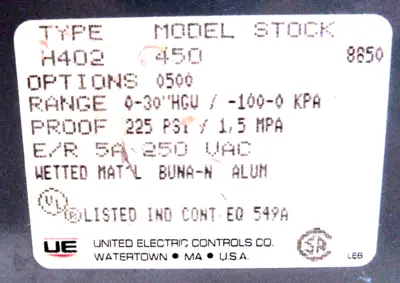 NEW UNITED ELECTRIC H402-450 PRESSURE SWITCH H402450