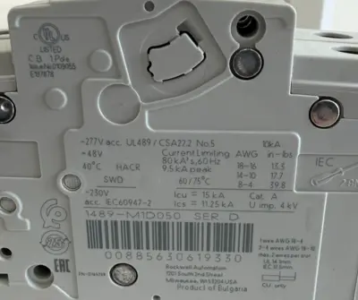 ALLEN BRADLEY 1489-M1D050 CIRCUIT BREAKER SER.D 1489M1D050 NEW, SURPLUS 2 PCS.