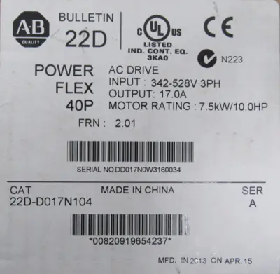 ALLEN BRADLEY 22D-D017N104 POWER FLEX 40P DRIVE 10HP FRN 2.01 SER.A NEW SURPLUS