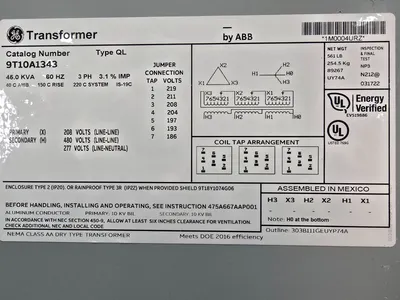 NEW 45 KVA STEP UP Dry Transformer 208 Delta to 480Y/277 GE/ABB 9T10A1343
