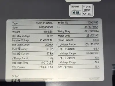 15kV Switchgear Lineup MVS Load Break Controller, 2000 Amp