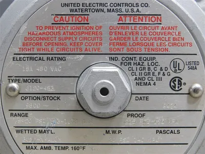 United Electric J120-453 Mechanical Pressure Switch 15A 480VAC Option 9800 Used