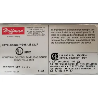 Used Hoffman Electrical Enclosure Type 12 13