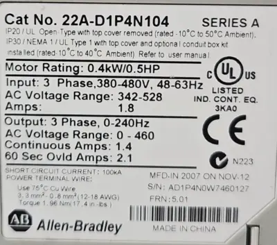 Allen-Bradley 22A-D1P4N104 Ser A PowerFlex4 AC Drive (BIN414)